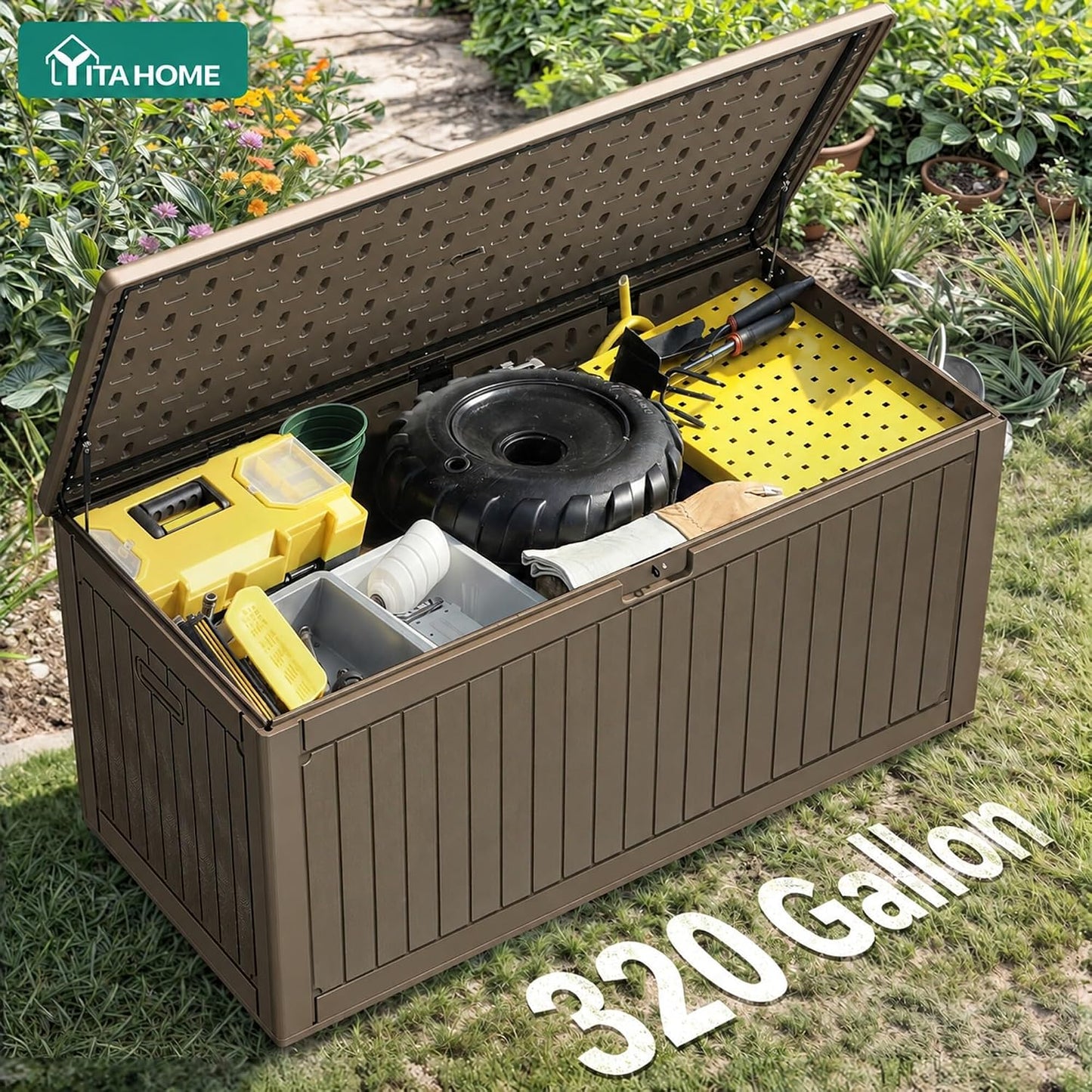YITAHOME 100 Gallon Large Outdoor Deck Box | Waterproof Resin Storage Box, Lockable Indoor Outdoor Storage Container for Patio Furniture Cushions, Pool Accessories