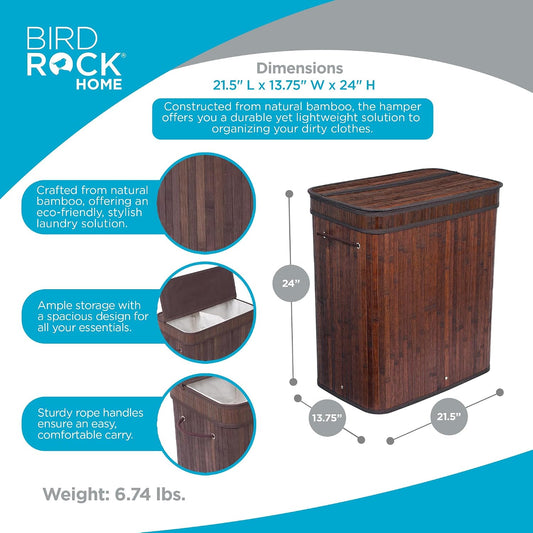 BirdRock Home Double Laundry Hamper with Lid and Cloth Liner | Bamboo | Espresso | Easily Transport Laundry Basket | 2 Section Collapsible Hamper | String Handles