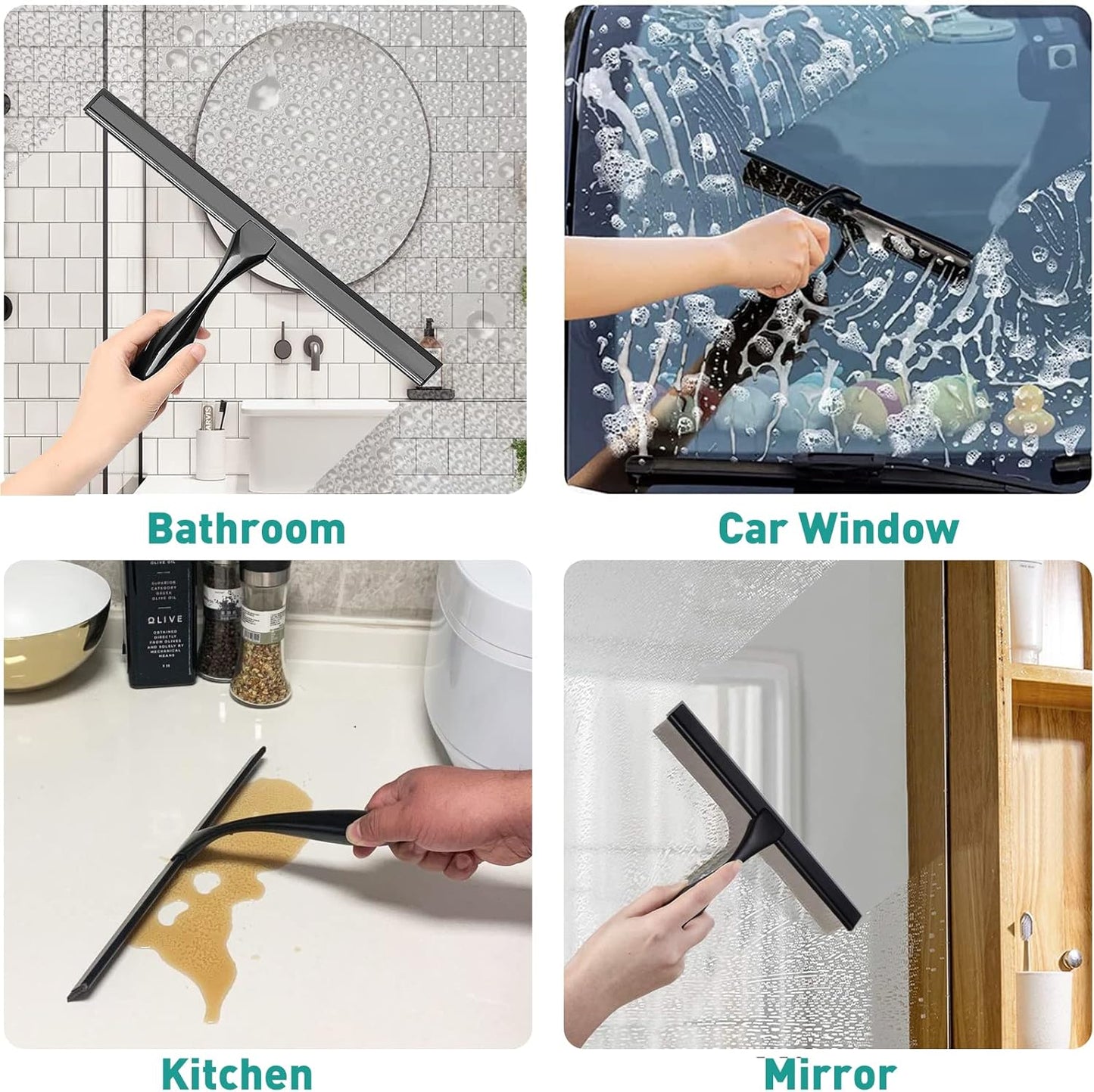 Shower Squeegee for Glass Doors,14-Inch Shower Glass Squeegee, Sliver Shower Squeegee for Shower Doors,Mirror,Windows, with Shower Door Hook and Adhesive Hook