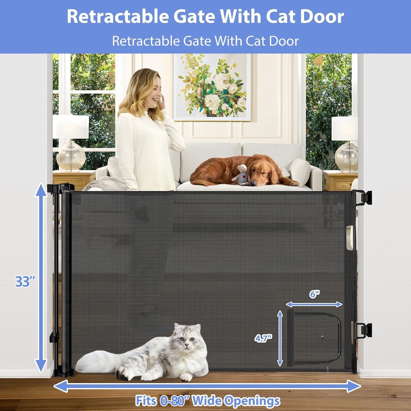 Retractable Baby Gate with Cat Door 55" Wide Retractable Baby Gate for Stairs Mesh Baby Gate with Pet Door Retractable Dog Gate for The House Retractable Pet Gate with Door Safety Gates for Toddlers