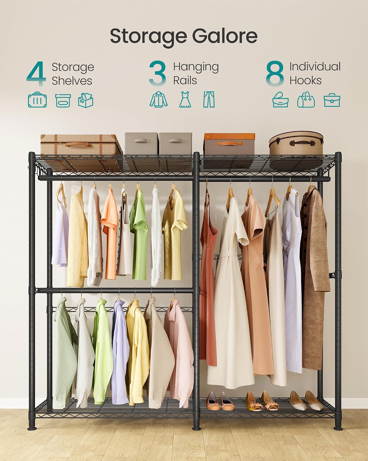 SONGMICS Heavy-Duty Clothes Rack, Garment Rack, Portable Closet, 68.7-Inch Wide Clothing Rack with Adjustable Mesh Shelves and Hanging Rails, Ink Black ULGR433B01