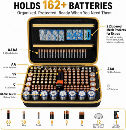 Comecase Battery Storage Case with Tester, Holds 148+ AA AAA C D 9V, Black | Hard-Shell Design, Carry Handle and Custom Foam Slots Keep Batteries Visible, Separated and Ready for Home, Garage or Office