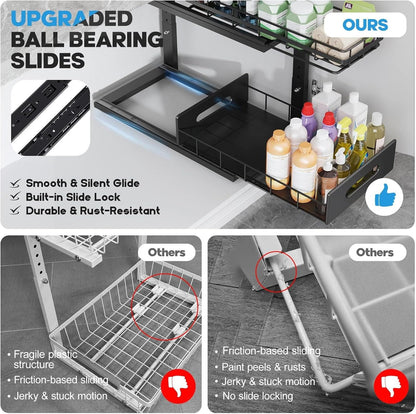 Under Sink Organizer Upgrade To Professional Rails,2-Tier Dual Pull Out Cabinet Storage,Height Adjustable Slide Out Drawers For Bathroom Kitchen,2 Pack-14.5" Dx12.8-16.9" H,White