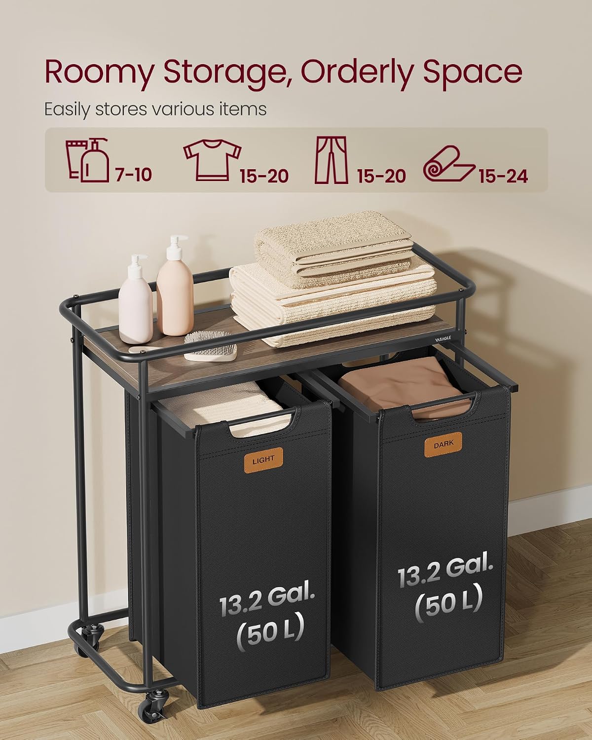 VASAGLE Laundry Sorter, Laundry Hamper with Wheels, 39.6 Gal. (150 L) Portable Rolling Cart Baskets with Shelf, 3 Removable Liners and 6 Labels, Ink Black and Chestnut Brown UBLH103BH01