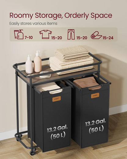 VASAGLE Laundry Sorter, Laundry Hamper with Wheels, 39.6 Gal. (150 L) Portable Rolling Cart Baskets with Shelf, 3 Removable Liners and 6 Labels, Ink Black and Chestnut Brown UBLH103BH01