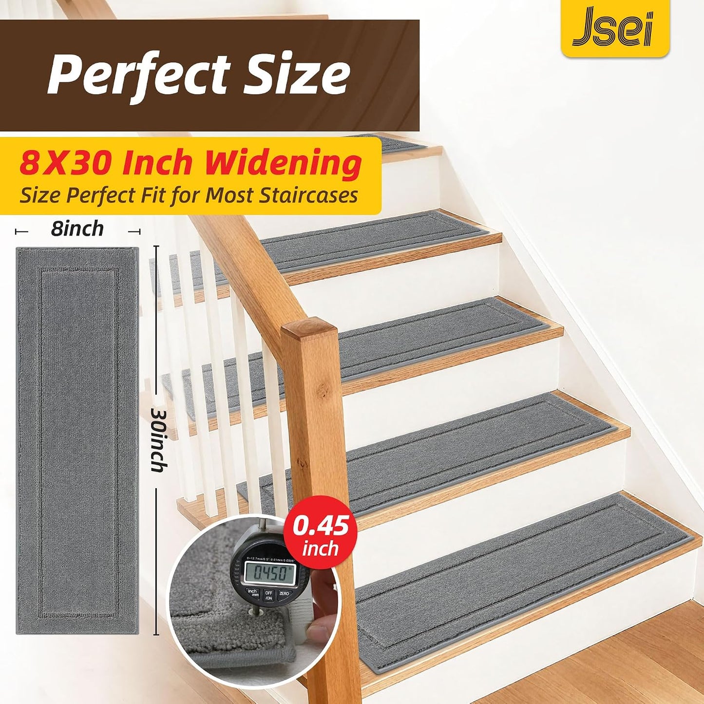 JSEI Stair Treads for Wooden Steps Indoor, 15-Pack Non Slip Stair Treads 30" x 8", Washable Polyester Stair Mats with TPE Backing, Low Profile Stair Rugs for Kids, Seniors and Dogs, Brown