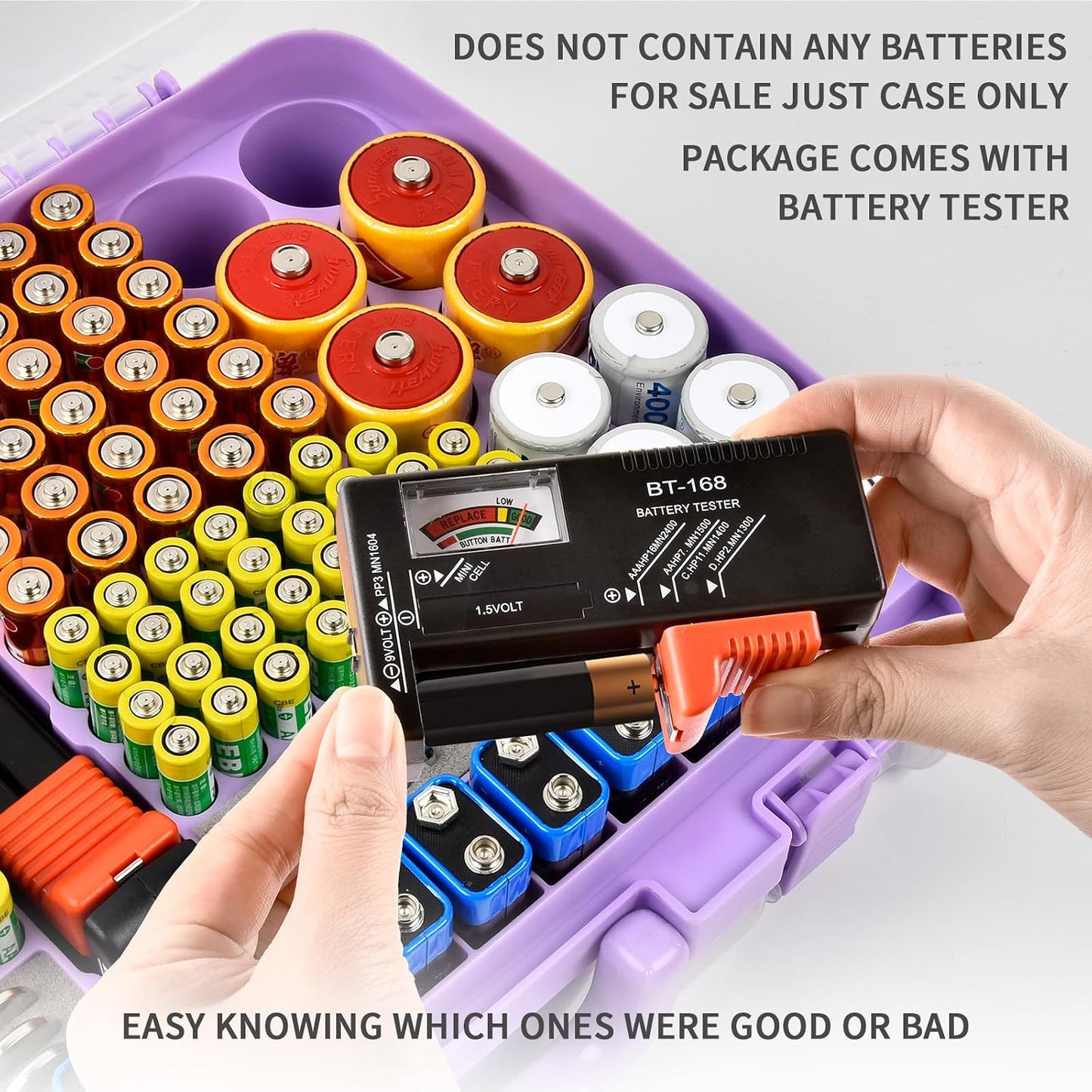 Battery Organizer Storage Case with Tester for 269 Batteries, Double Sides | Plastic, For AA AAA 4A C D Cell 9V 3V LR44 CR2 CR123 CR1632 18650 Button, Wall/Drawer, For Families/DIY/Home/Garage, Grey
