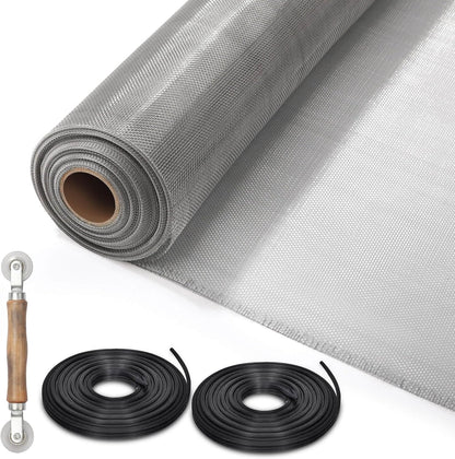 Aluminum Screen Roll with Spline & Rolling Tool – Pet-Resistant Durable Aluminum Window Screen, Screen Repair Kit for Rescreening Windows and Doors