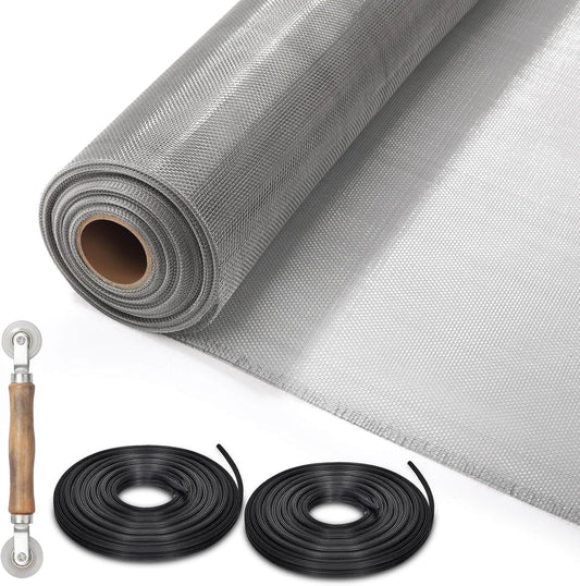 Aluminum Screen Roll with Spline & Rolling Tool – Pet-Resistant Durable Aluminum Window Screen, Screen Repair Kit for Rescreening Windows and Doors
