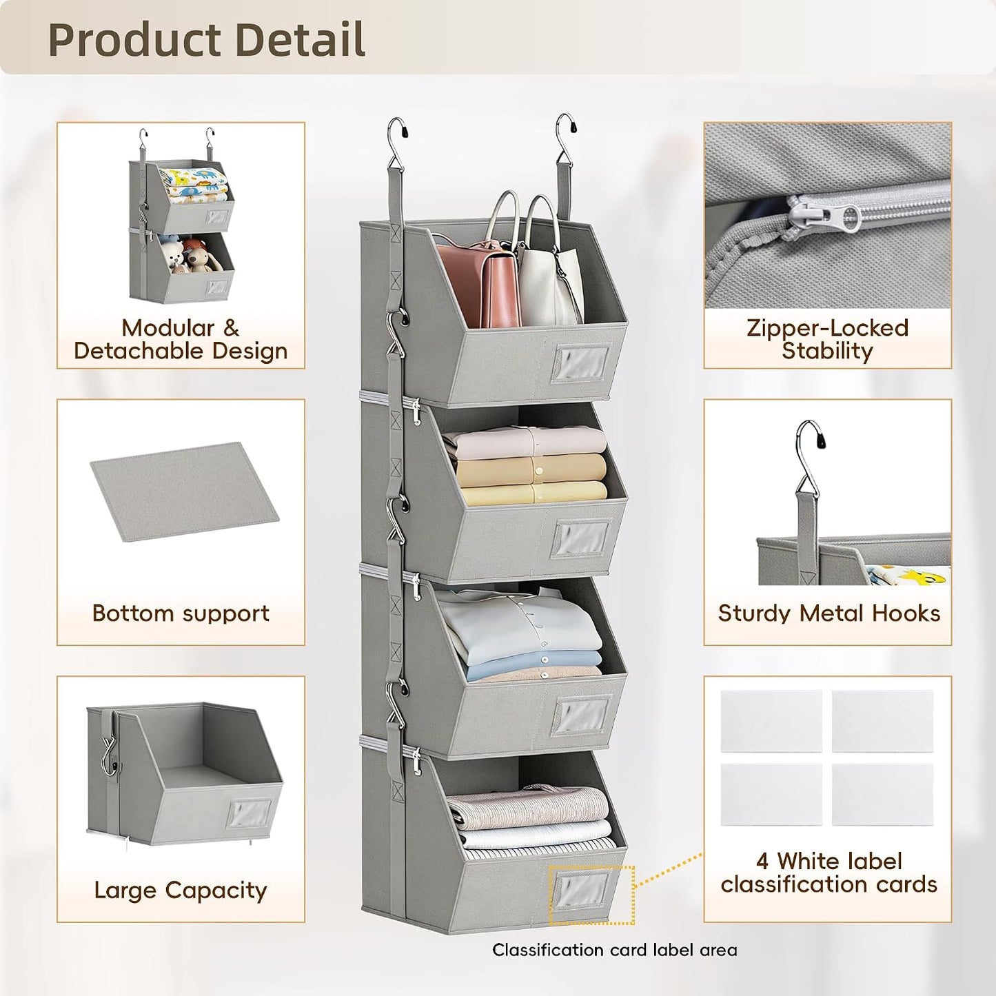 Hanging Closet Organizer 4 Tier, Hanging Shelves for Closet-Hanging Closet Organizer with Stackable Shelves,Versatile Fabric Storage Bins for Bedroom, RV, Nursery,Dorm(Purple)