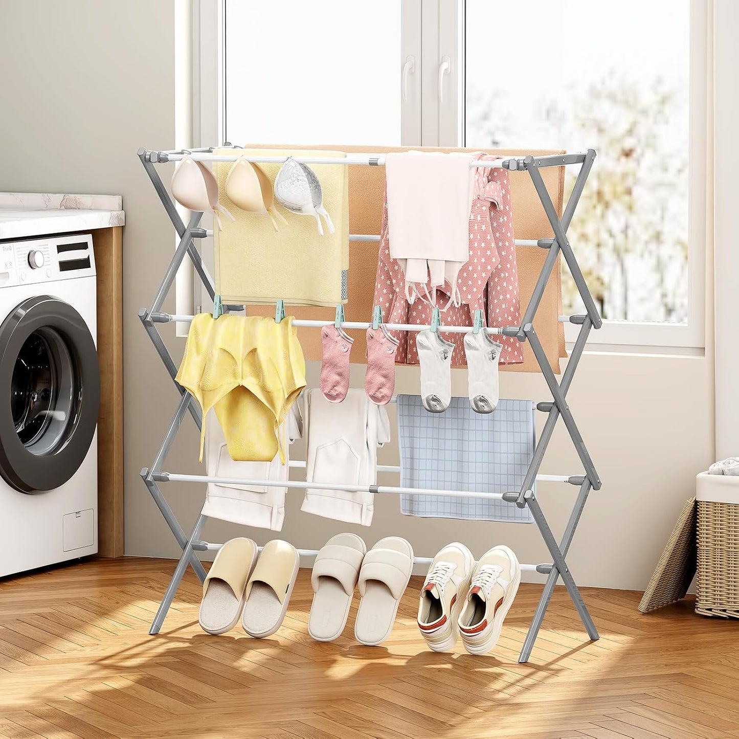 KINGBOARD Clothes Drying Rack, Collapsible Drying Rack Clothing with 11 Poles, 3-Tier Laundry Drying Rack, Small Clothes Drying Rack Foldable for Baby Clothes Sock Towel, 25lb Capacity, White