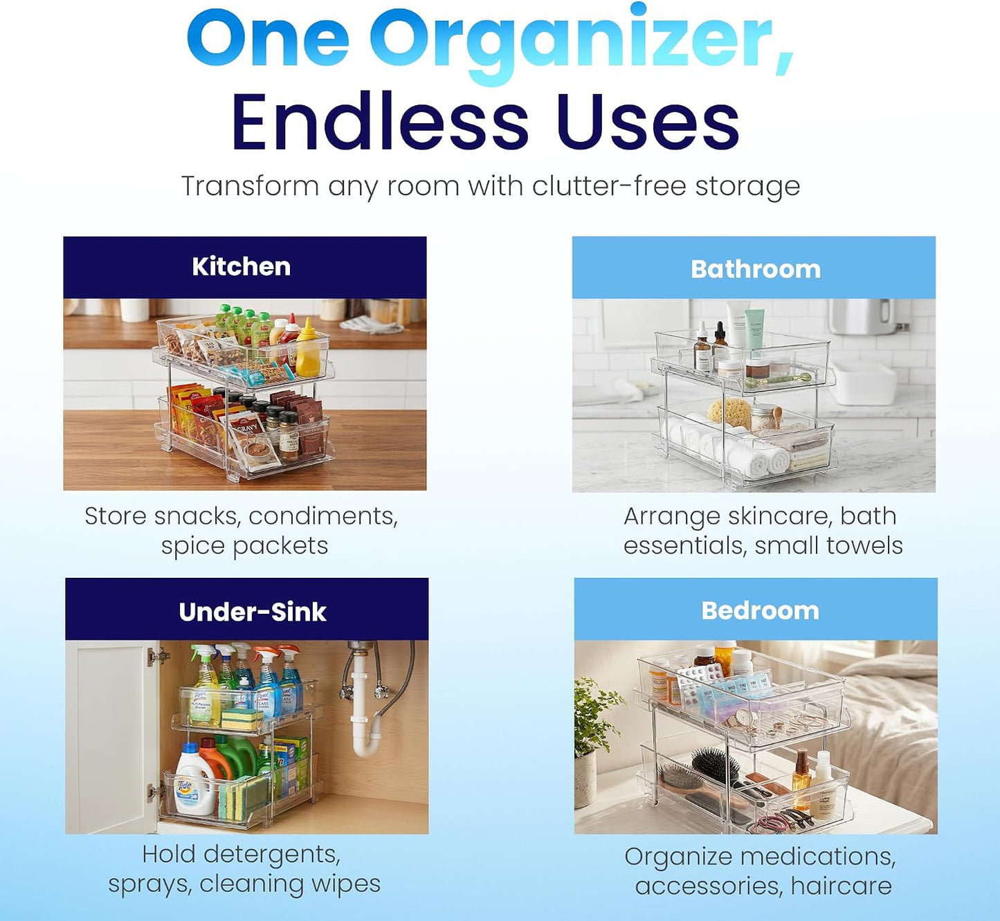 Masirs 2-Tier Clear Pull-Out Drawer Organizer - Sleek, Compact & Sturdy Makeup and Closet Organizer - Easy Assembly Kitchen Storage Solution, Ideal for Makeup, Tools, Medicines & Snacks