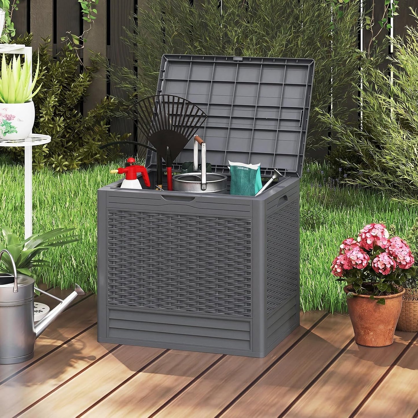 Tangkula 25 Gallon Waterproof Outdoor Storage Box with Lockable Lid | PP Resin, Wicker Patterned, Indoor Outdoor Use, Portable, Versatility, for Deck, Pool, Patio Cushions, Garden Tools