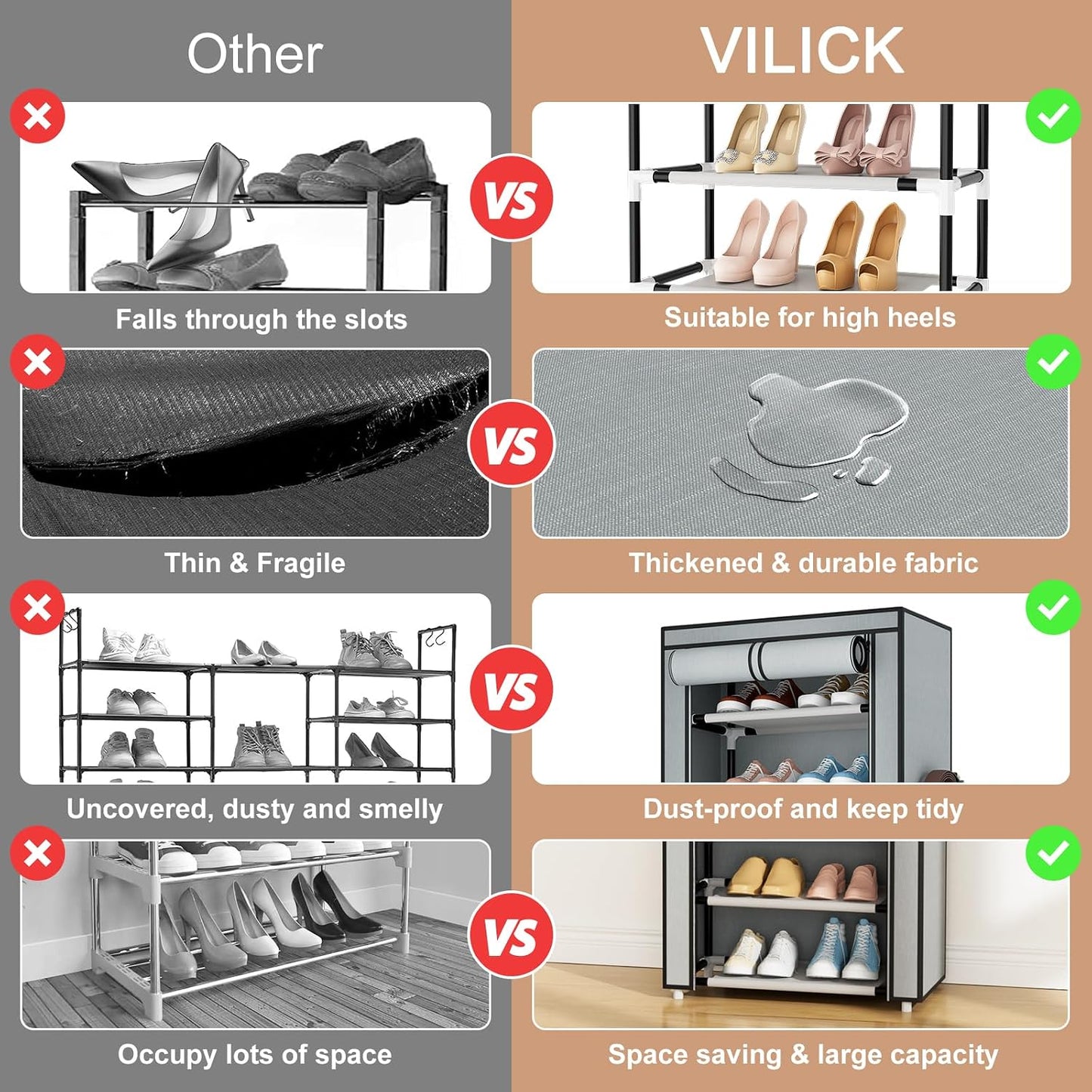 VILICK Shoe Rack with Cover Narrow Shoe Organizer with 4 Side Pockets 10 Tier Tall Shoe Storage Holds 18-22 Pairs Shoes and Boots Shoe Rack for Closet Entryway Garage