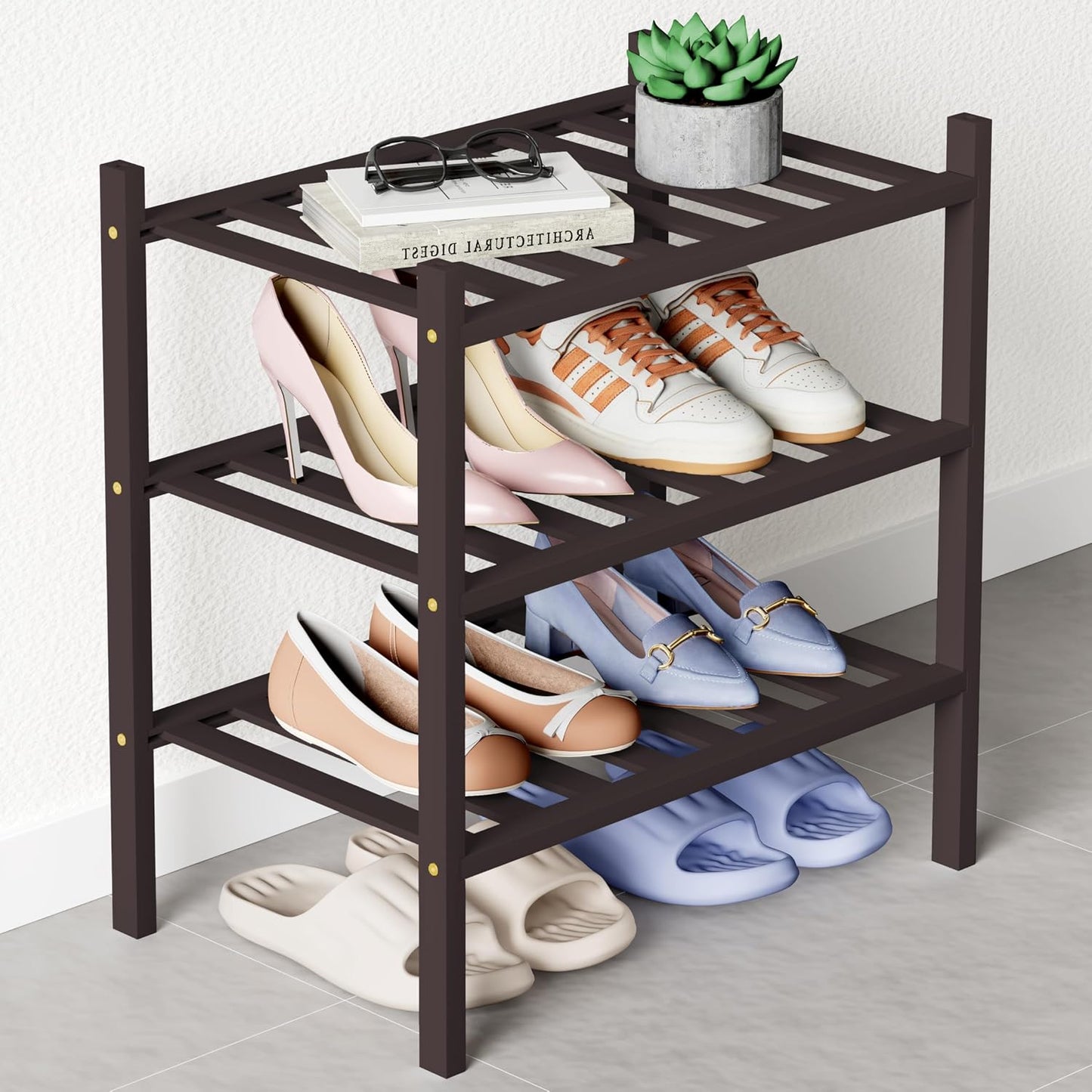 Smiry Bamboo Shoe Rack for Closet, 3 Tier Wooden Shoe Organizer, Stackable Wood Shoe Storage Shelf for Entryway, 14 Vertical Slats, One-piece Heavy-Duty Legs, 26.77"x11.02"x18.31", Natural
