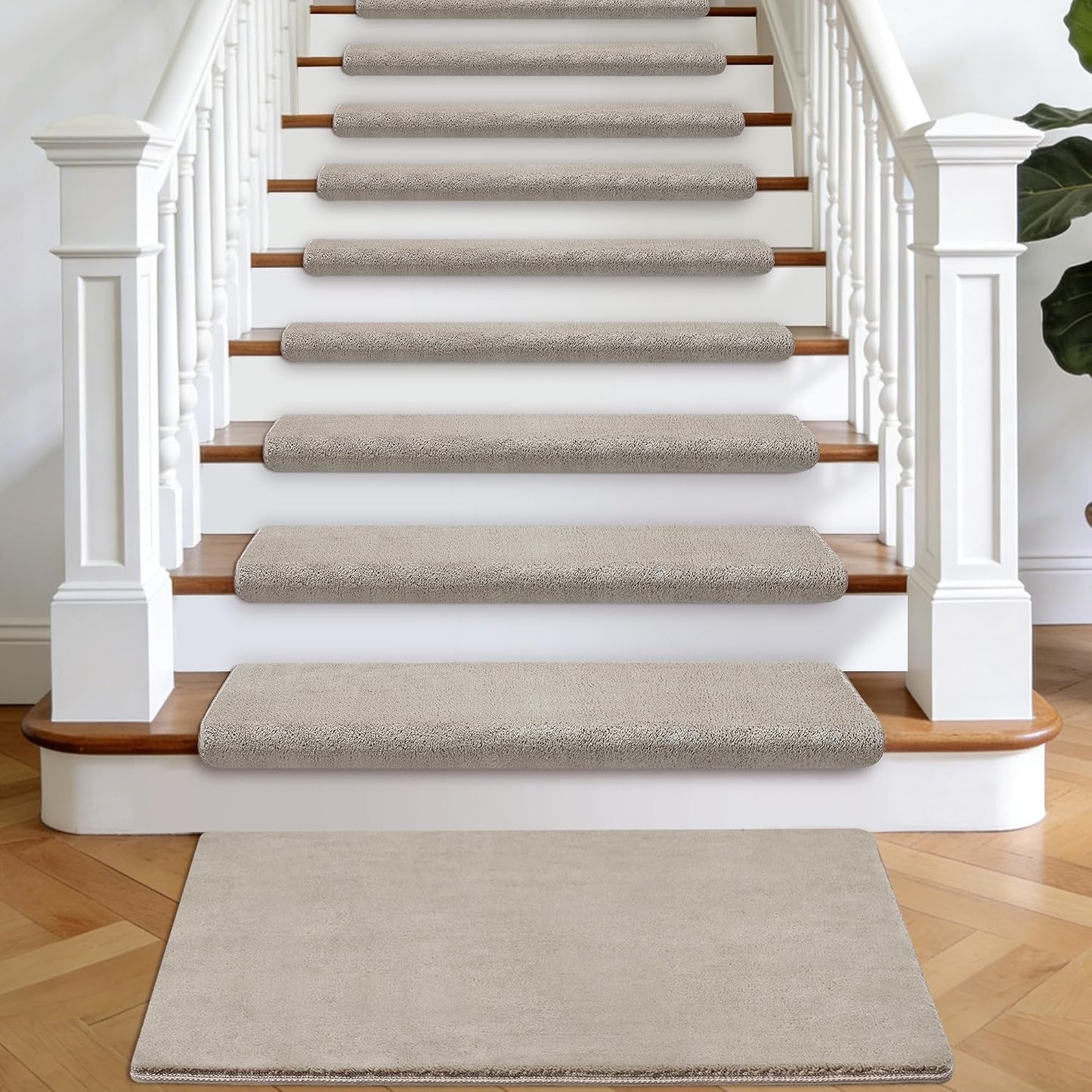 Bullnose Stair Treads Non Slip 9.5" x 32", 14 Pcs Ultra Plush Carpet Stair Treads for Wooden Steps Indoor with Edge Protection, Reusable Peel and Stick TPU Backing Stair Runner Rugs - Beige Gray