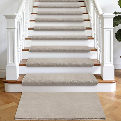 Bullnose Stair Treads Non Slip 9.5" x 32", 14 Pcs Ultra Plush Carpet Stair Treads for Wooden Steps Indoor with Edge Protection, Reusable Peel and Stick TPU Backing Stair Runner Rugs - Beige Gray