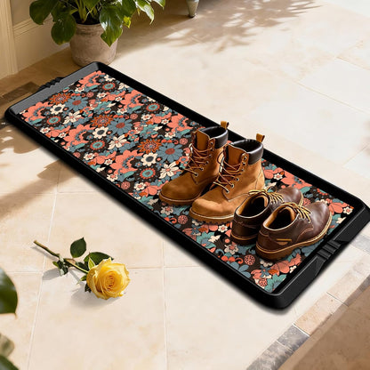 BEHERO Boot Tray Shoe Mat Decorative Patterned, Rubber Shoe Matt Tray Indoor/Outdoor Use, 16" x27.5" Shoe Cleaning Mat Non-Slip, Shoe Storage Waterproof Flower Prints for Entryway, Sunlit Blossom