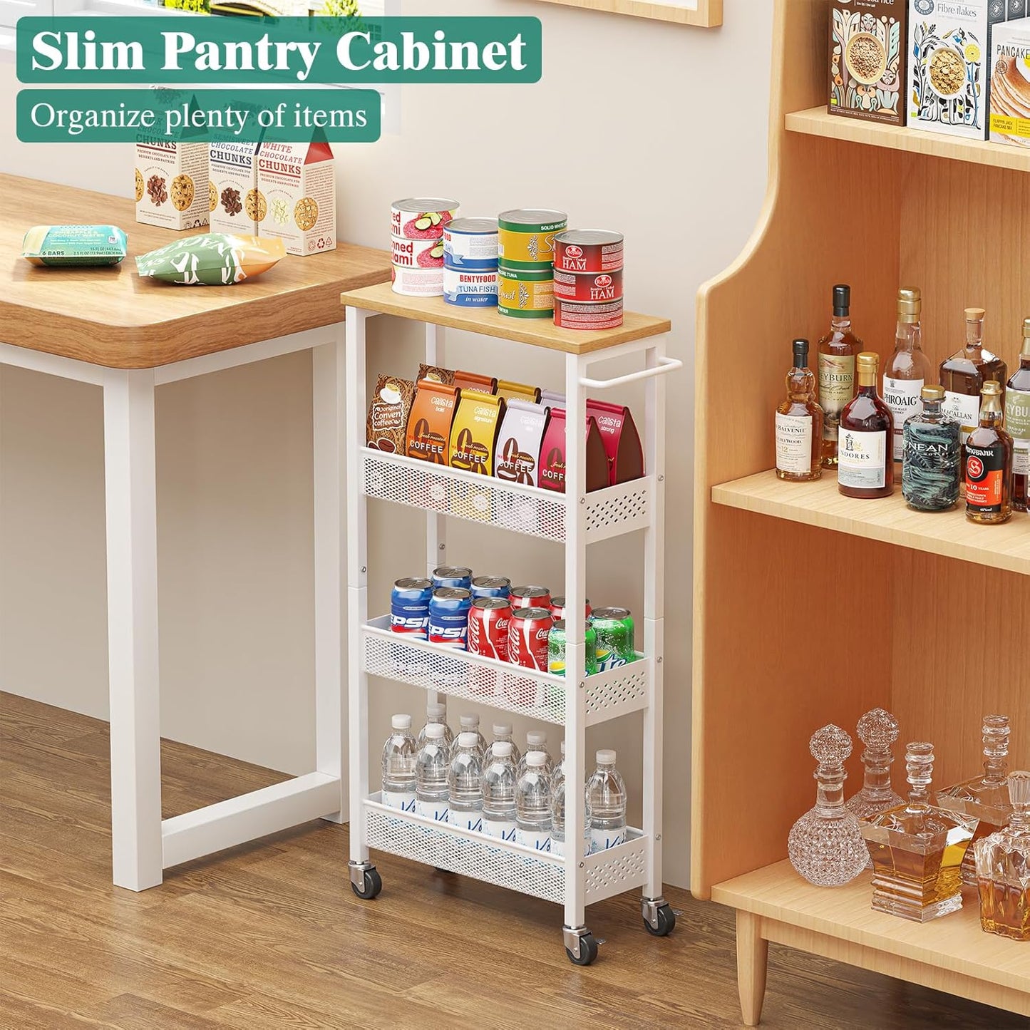 Giwil Slim Storage Cart 5 Tier Narrow Kitchen Rolling Cart on Wheels for Small Space, Metal Utility Cart Narrow Bathroom Storage Cabinet Mobile Shelf Unit Organizer with Wood Top and Handle, Black