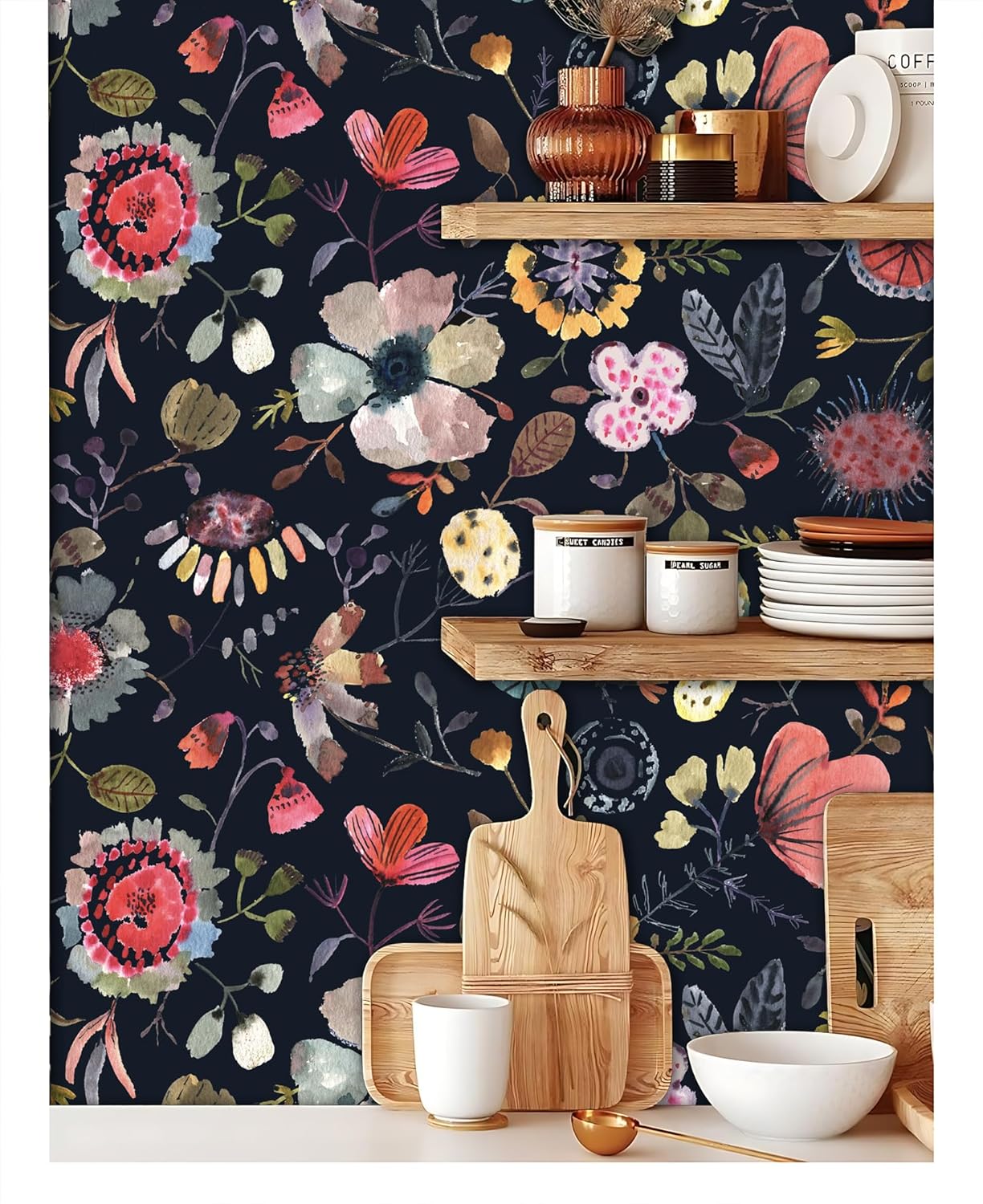 Wallpaper Peel and Stick Floral Wall Paper Removable Waterproof Gray/Yellow/Blue Contact Paper for Bedroom, Bathroom, Home Wall 17.3" x 118"