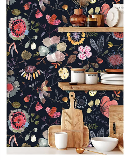 Wallpaper Peel and Stick Floral Wall Paper Removable Waterproof Gray/Yellow/Blue Contact Paper for Bedroom, Bathroom, Home Wall 17.3" x 118"