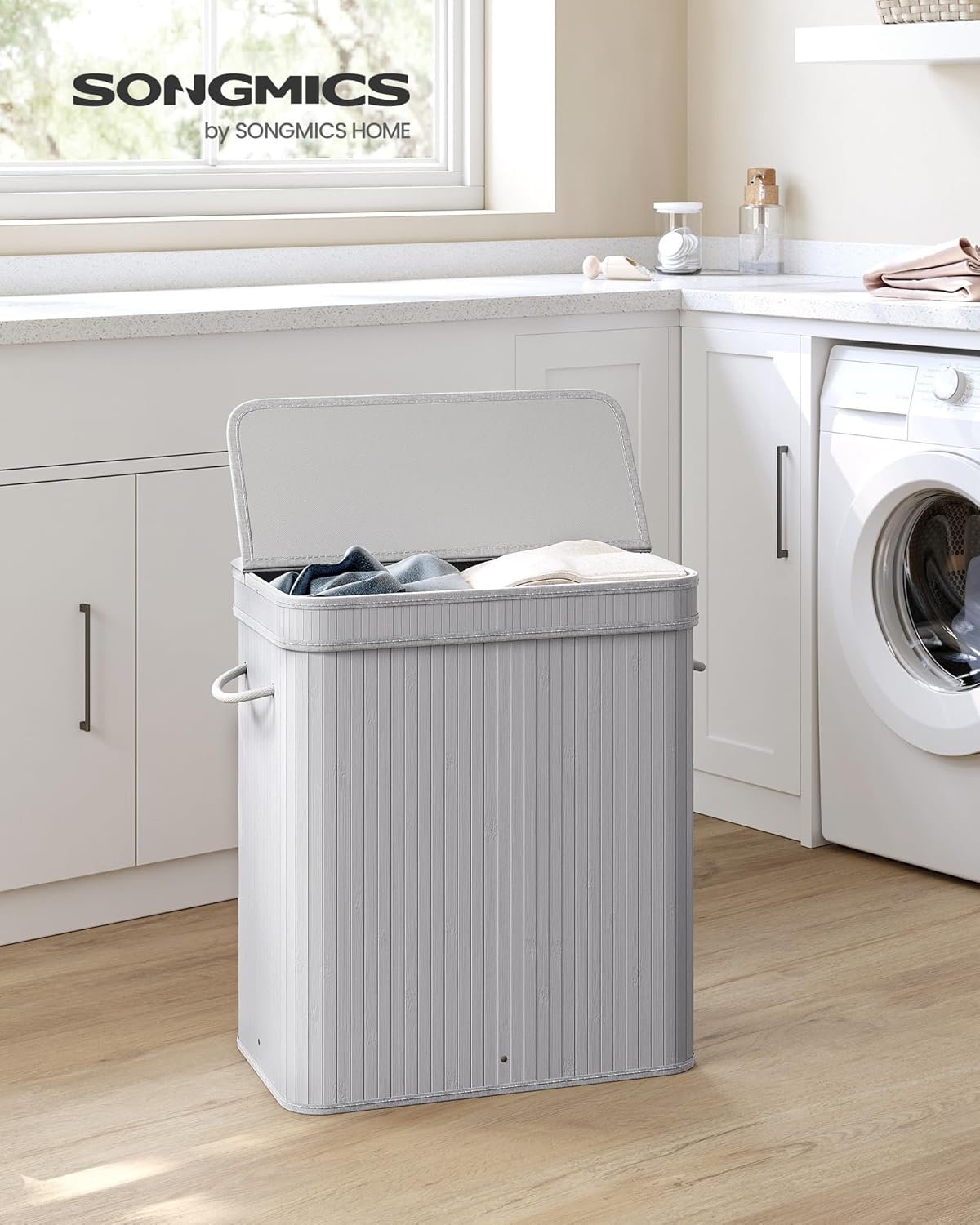 SONGMICS Laundry Hamper with Lid, Bamboo Launry Basket with Handles, Foldable Storage Basket for Laundry Room, Bedroom, 100L, Brown ULCB063K02
