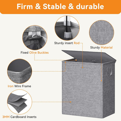 Chrislley 140L Laundry Hamper 2 Section, Double Laundry Basket with Lid, Large Dirty Clothes Hamper with Removable Liner Bags, Collapsible Laundry Organizer for Bedroom, Dorm,Beige