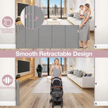 Reinforced 72" Wide Retractable Dog Gate with Support Rods - Prevent Crawling Under Extra Wide Baby Gate Retractable Gate Outdoor, Retractable Pet Gate Long Dog Gate, Mesh Gates for Kids or Pets, Gray