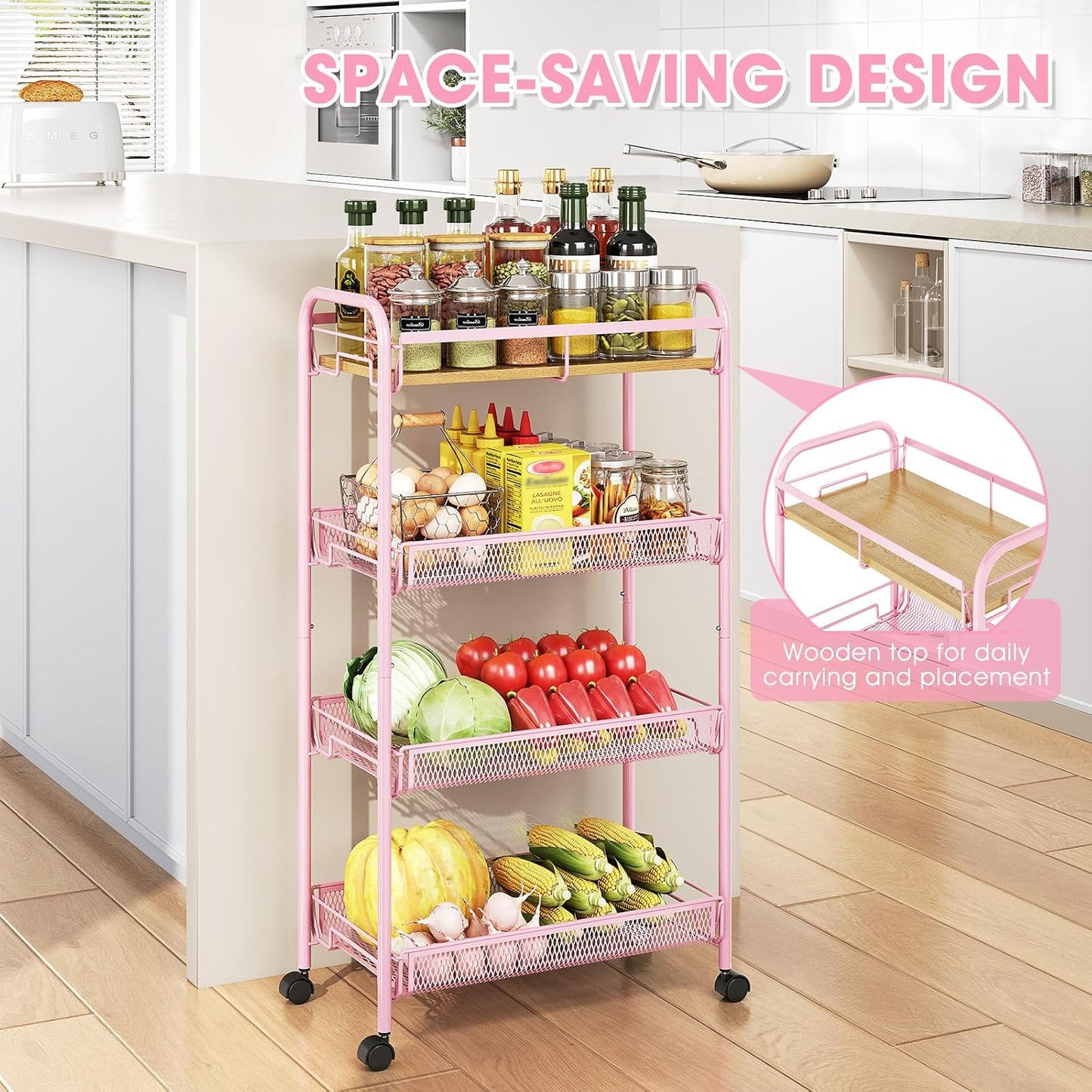 TOOLF 4-Tier Slim Rolling Cart, Metal Utility Cart, Slide Out Storage Cart with Wooden Tabletop and Mesh Baskets for Narrow Space on Kitchen Bathroom Laundry Room Bedroom Apartments Dormitory