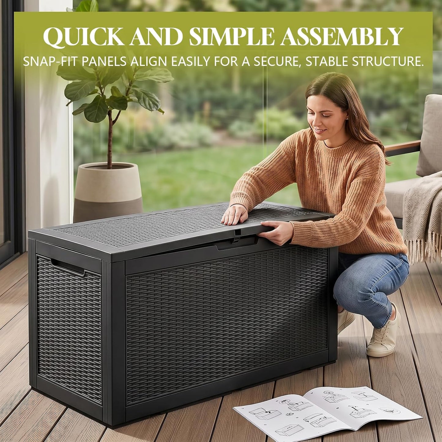 Waterproof Outdoor Storage Box Outside Deck Box Lockable Resin Bench UV Resistant Furniture Cushion Pool Tool Float Bin Patio Garden Porch (Black, 120 Gallon)