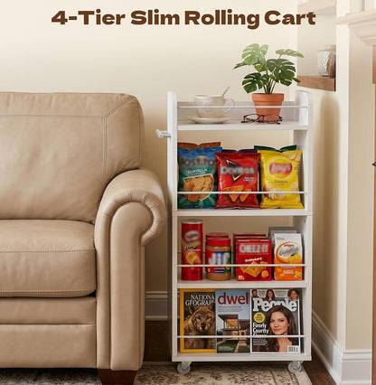 Slim Rolling Storage Cart,4 Tier White Rolling Utility Cart Slide Out Rack | Narrow Spice Rack Organizer Trolley for Kitchen Bathroom Larundry Small Corner 7.7inch wide