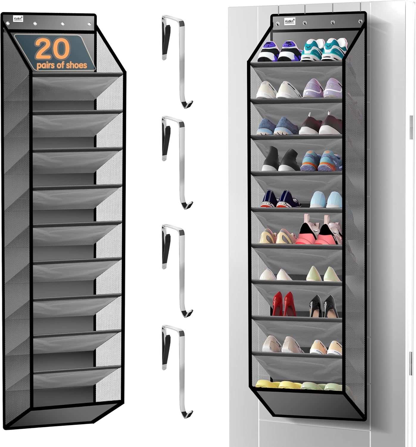 Kotkn 35 Compartment Over The Door Storage - Breathable Mesh Hanging Organizer with Large Pockets, Space Saving Design for Men & Women's Footwear, Closet, Bedroom （White）