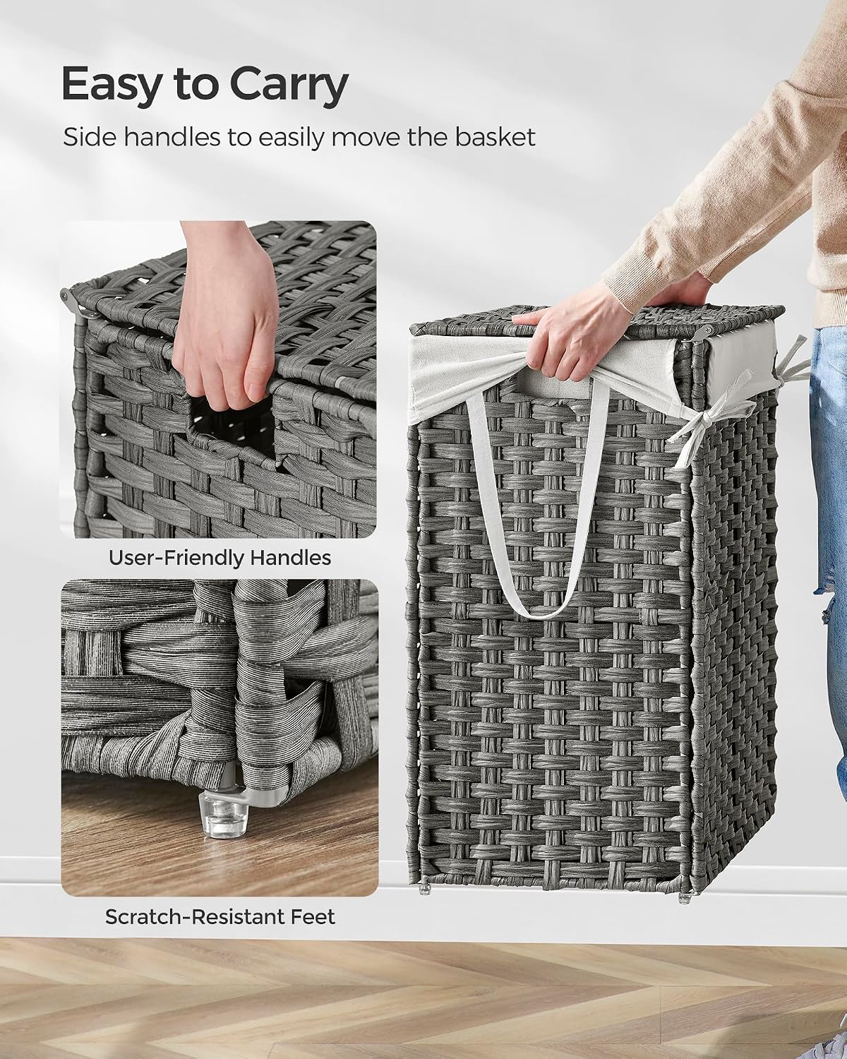 SONGMICS Laundry Hamper with Lid, 23.8 Gallon (90 L) Synthetic Rattan Clothes Laundry Basket with Lid and Handles, Foldable, Removable Liner, Chestnut Brown ULCB051K02