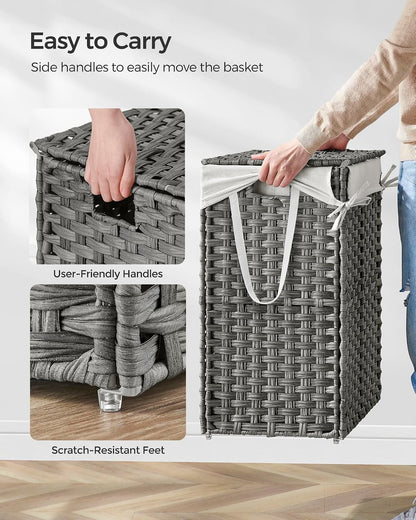 SONGMICS Laundry Hamper with Lid, 23.8 Gallon (90 L) Synthetic Rattan Clothes Laundry Basket with Lid and Handles, Foldable, Removable Liner, Chestnut Brown ULCB051K02
