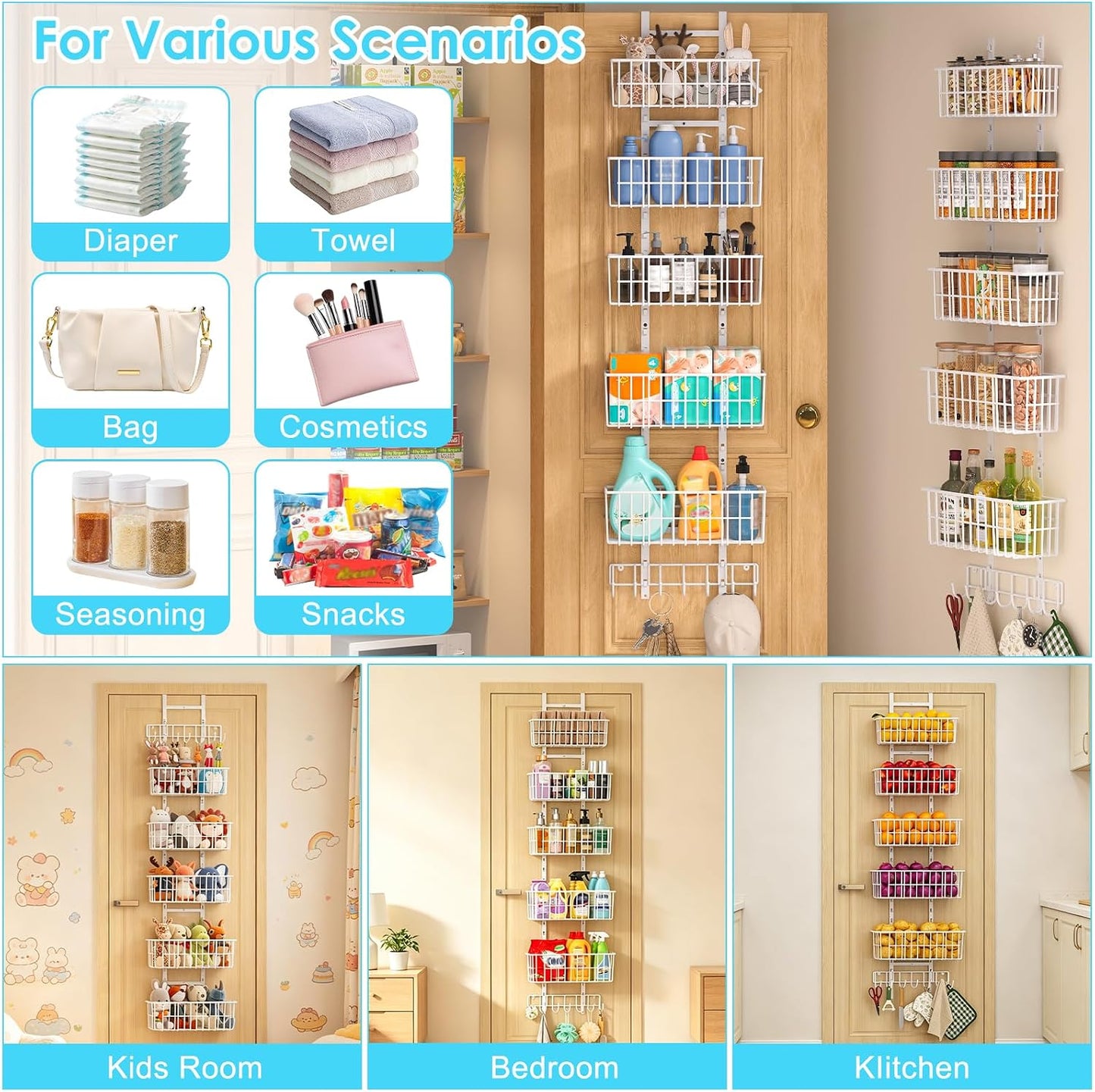Hongtamoya Over The Door Organizer, Hanging Door Organizer with 5 Metal Baskets, Behind The Door Storage for Pantry Closet Bedroom Bathroom Cabinet Kitchen, White