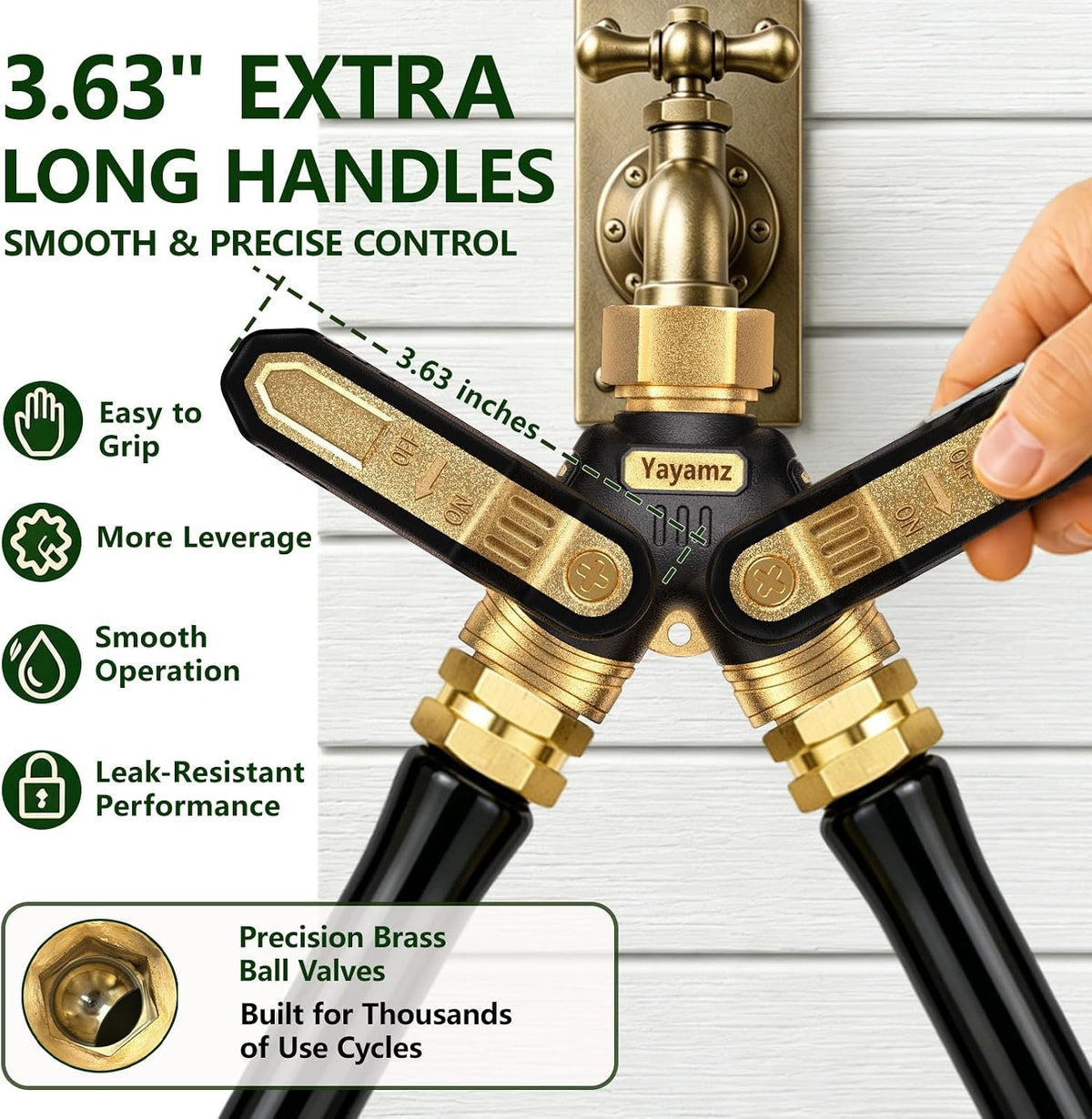 Garden Hose Splitter 2 Way,Heavy Duty All Metal Water Hose Y Splitter | Shut Off Valves,3.6" Easy-Turn Handles,Full Flow Leak-Resistant 3/4" GHT Outdoor Faucet Splitter for Lawn,Garden & Irrigation