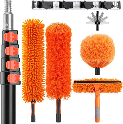 20 Foot High Ceiling Fan Cleaner Duster Kit with 5-12ft Heavy Duty Extension Pole, Microfiber Feather Duster, Cobweb Duster, Ceiling Fan Duster and Window Squeegee, Long Dusters for Cleaning