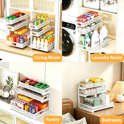 2 Pack Under Sink Organizer, 3-Tier Pull Out Kitchen Cabinet Organizer with 5 Adjustable Heights Metal Slide Out Bathroom Storage Makeup Drawer Rack for Bedroom Office Pantry Home Organization, White