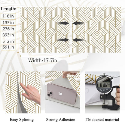 MelunMer Geometric Peel and Stick Wallpaper Gold 118In L 17.7In W Self Adhesive Removable Wallpaper for Bedroom/Bathroom Waterproof Modern Contact Paper for Cabinets Gold Contact Paper Shelf Liner