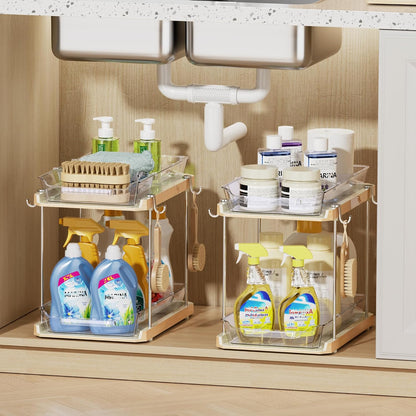Delamu 2 Tier Under Sink Organizer Bathroom, Bathroom Cabinet Organizer with Snap-Lock Design and Hooks, Pull Out Storage with Movable Dividers, for Countertop, Kitchen and Pantry (Clear, 2 Pack)