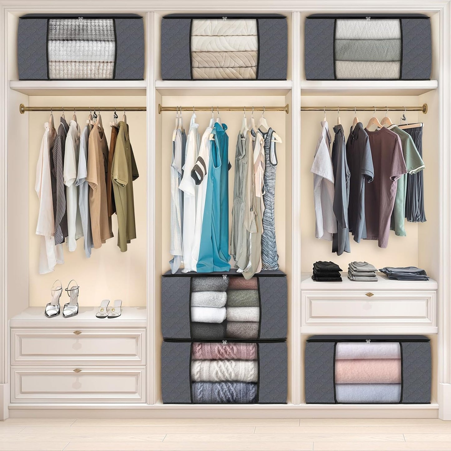 Fab totes 6 Pack Storage Bags for Clothes and Blanket, Foldable Closet Organizers and Storage with Zippers, Clear Window and Handles, Fabric Storage Bins for Sweater, Comforter, Bedding,Linen Sheets