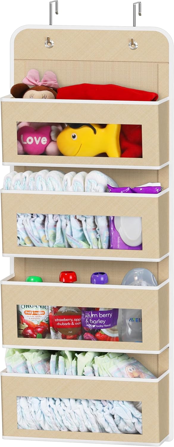 Simple Houseware 6 Clear Window Pocket Over Closet Door Storage Hanging Organizer for Bedroom, Bathroom, Pantry, Beige