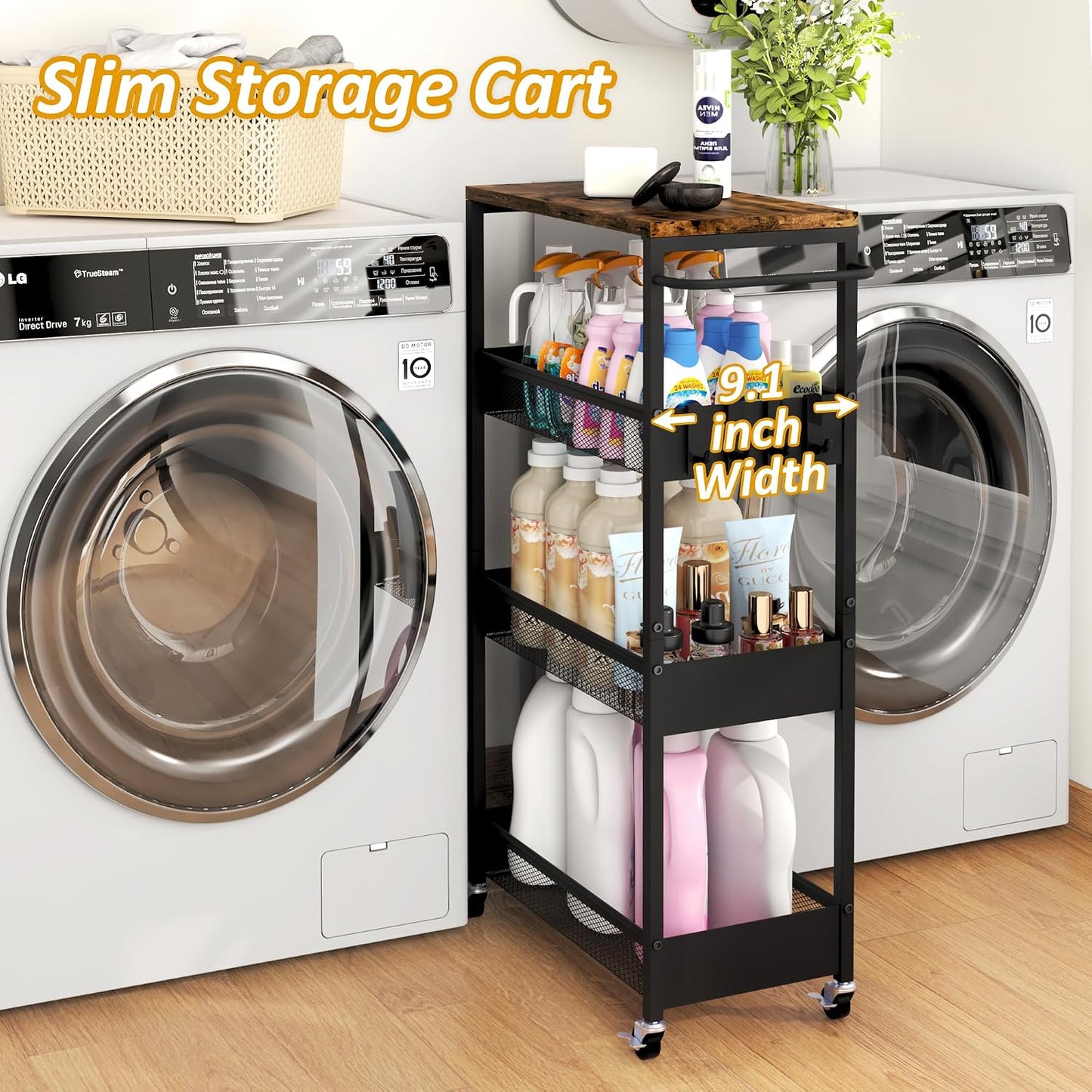 Vincona 7.1" Wide Slim Storage Cart on Wheels, 4 Tier Metal Narrow Rolling Cart with Handle and Wood Top, Multifunctional Small Mobile Shelf Unit Organizer Trolley for Laundry, Bathroom, Kitchen