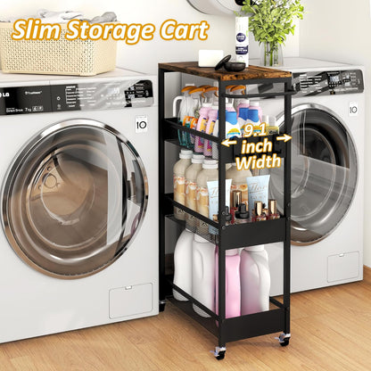 Vincona 7.1" Wide Slim Storage Cart on Wheels, 4 Tier Metal Narrow Rolling Cart with Handle and Wood Top, Multifunctional Small Mobile Shelf Unit Organizer Trolley for Laundry, Bathroom, Kitchen