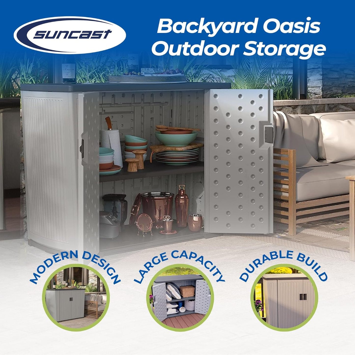 Suncast 130-Gallon Backyard Oasis Basic Unit Lockable Outdoor Storage Cabinet, Peppercorn, Made in the USA