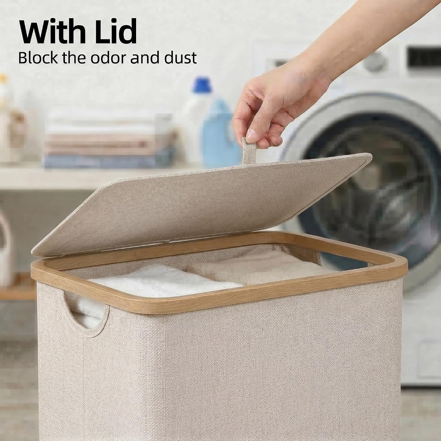 efluky Slim Laundry Basket with Lid, Narrow Laundry Hamper with Removable Bag, Skinny Dirty Clothes Basket with Bamboo Handles for Bathroom, Bedroom & Laundry Room, 75L Beige