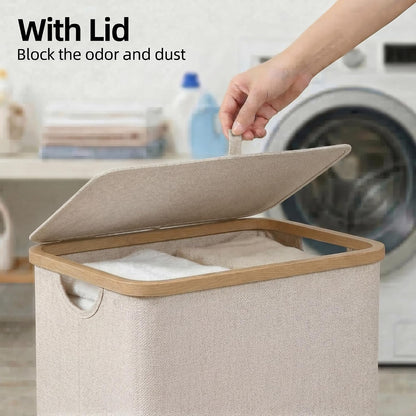 efluky Slim Laundry Basket with Lid, Narrow Laundry Hamper with Removable Bag, Skinny Dirty Clothes Basket with Bamboo Handles for Bathroom, Bedroom & Laundry Room, 75L Beige