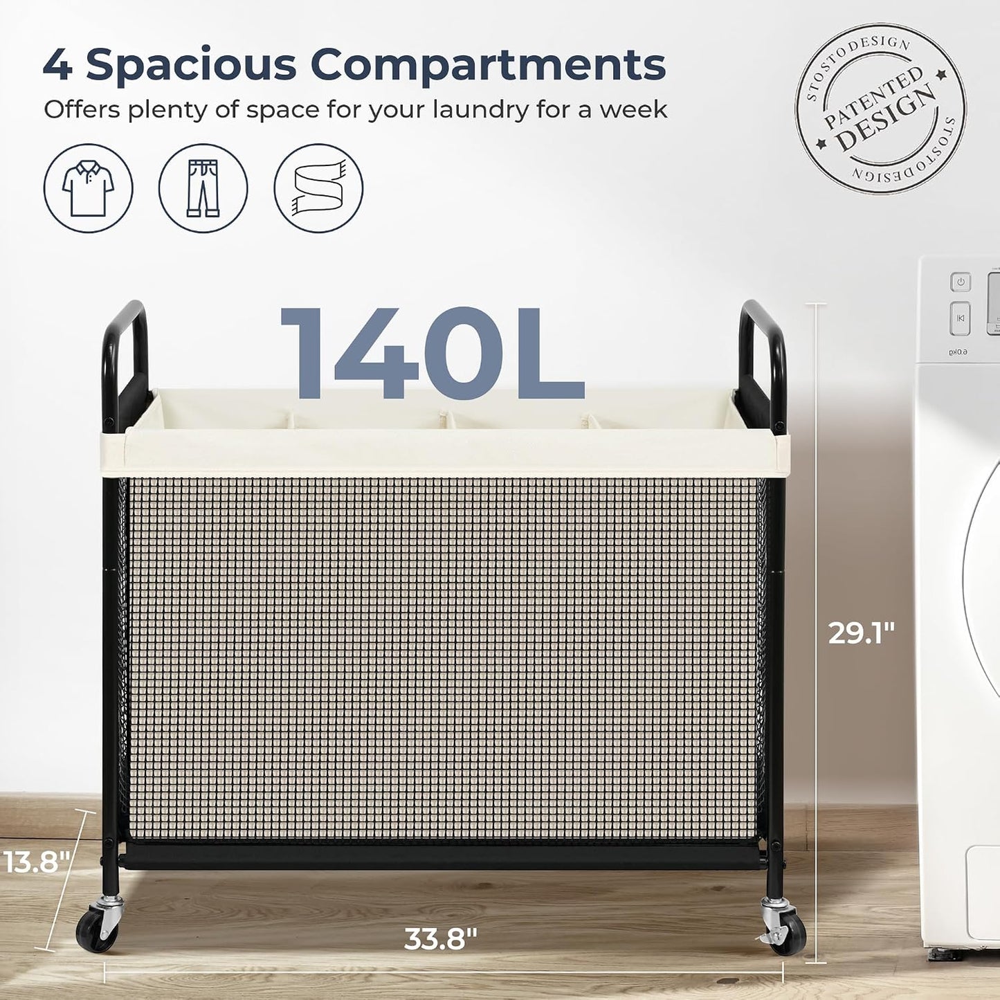 STO STO Laundry Hamper 3 Section, 120L Rolling Laundry Sorter Cart with Removable and Washable Liner Bag, Clothes Hamper with Wheels and Metal Handle for Laundry Room and Bedroom