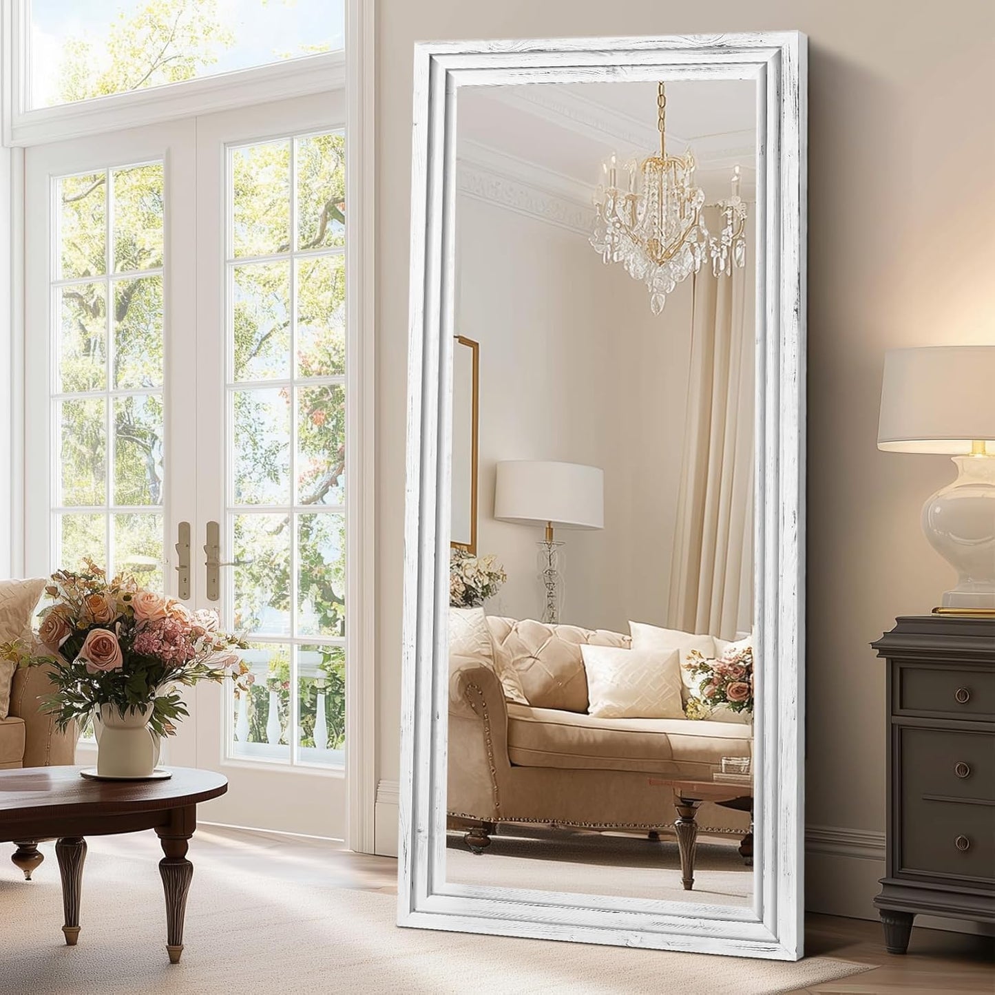 65"x22" Full Length Mirror Solid Wood Frame Floor Mirror with Stand for Living Room, Bedroom Hanging Standing or Leaning, Brown
