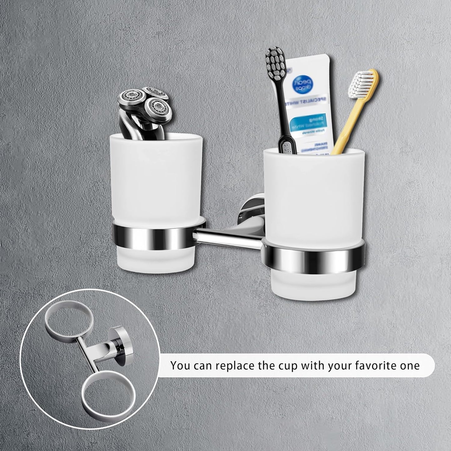 Bathroom Toothbrush Holders Set - Wall Mounted Tooth Brush Holder with Glass Toothpaste Cup, Stainless Steel Toothbrush Caddy Storage for Kids & Adult (Single)